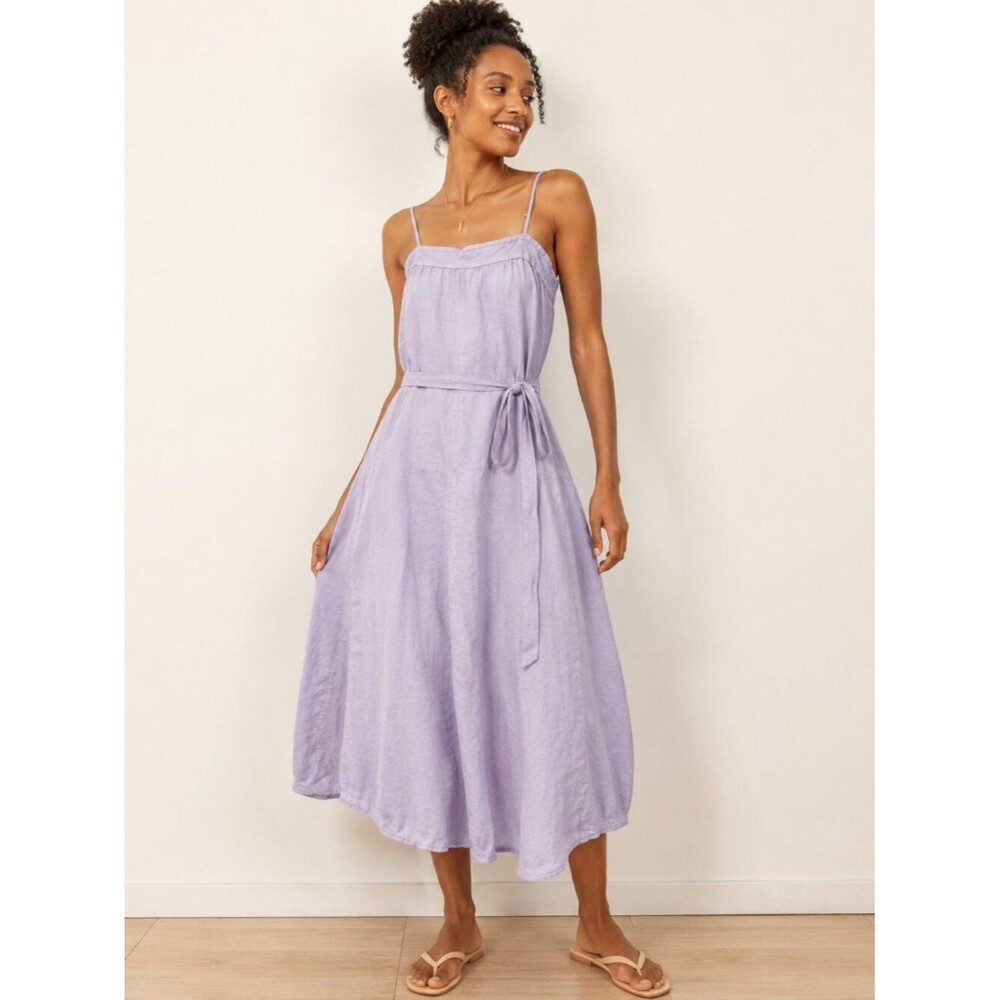 120% Lino Lavender 100% Linen Midi Dress Tie Waist Italian Made Sleeveless S/M